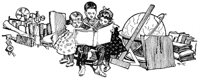 Rajz, játékok tetején három gyermek könyvet olvas