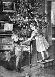 Gyermekek karácsonyfát díszítenek, rajz